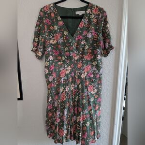 LOFT Green Pink Orange Floral Mini Dress Short Sleeve V Neck Size 14 Excellent